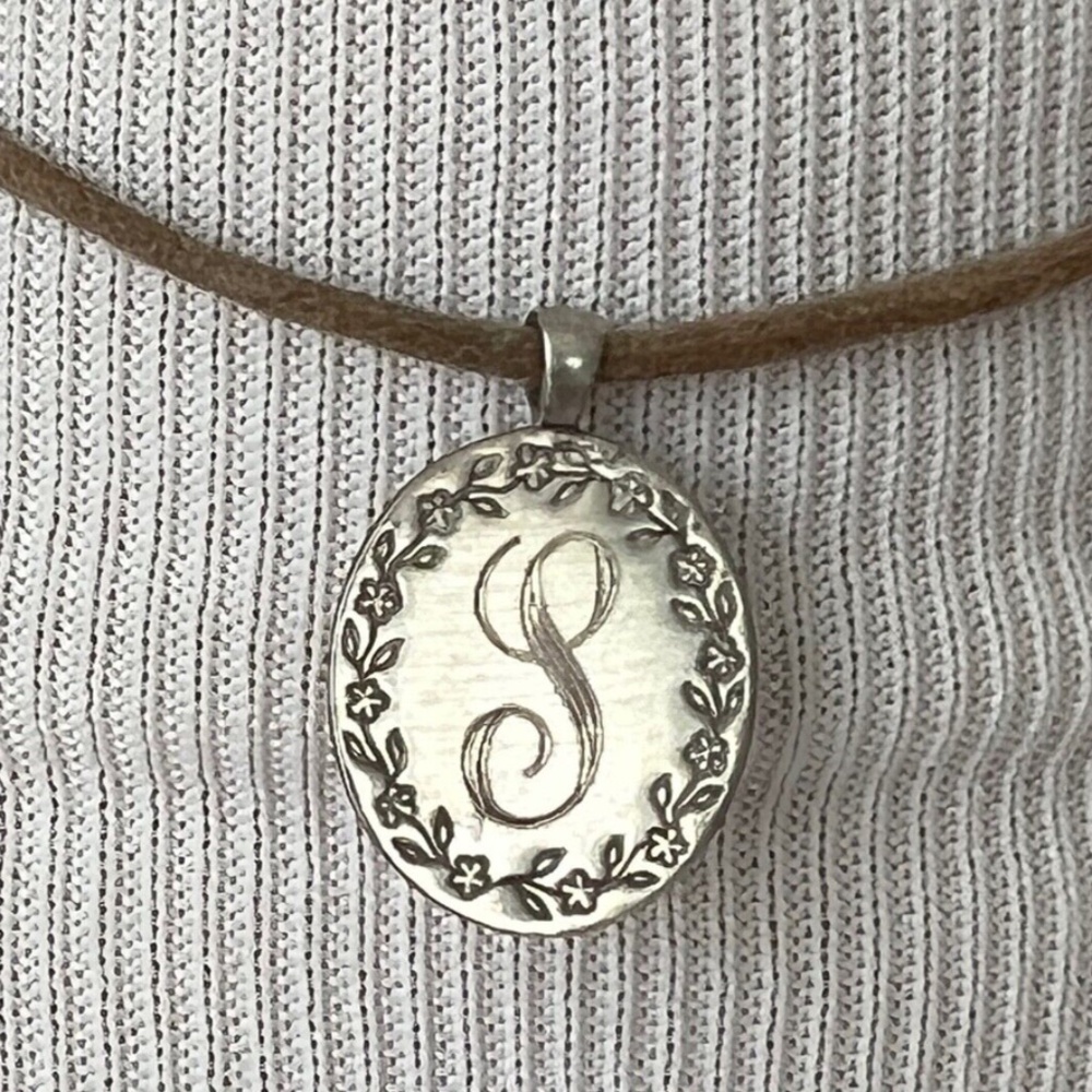 Me&Ro Silver Initial 'S' Floral Necklace on Leather Cord, Rare!!!